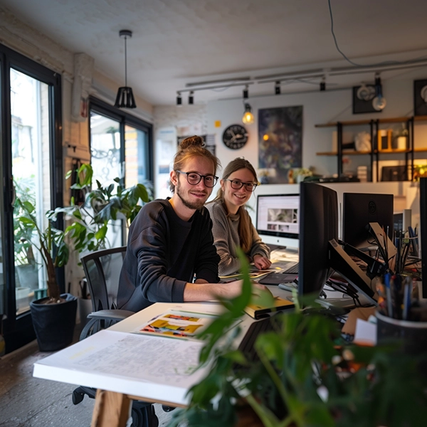 Un jeune designer en alternance, en discussion avec sa tutrice